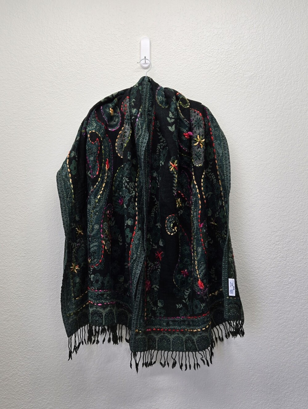 BNB Nepal Hand Embroidered Black Boiled Wool Paisley Shawl Fringe Wrap Scarf